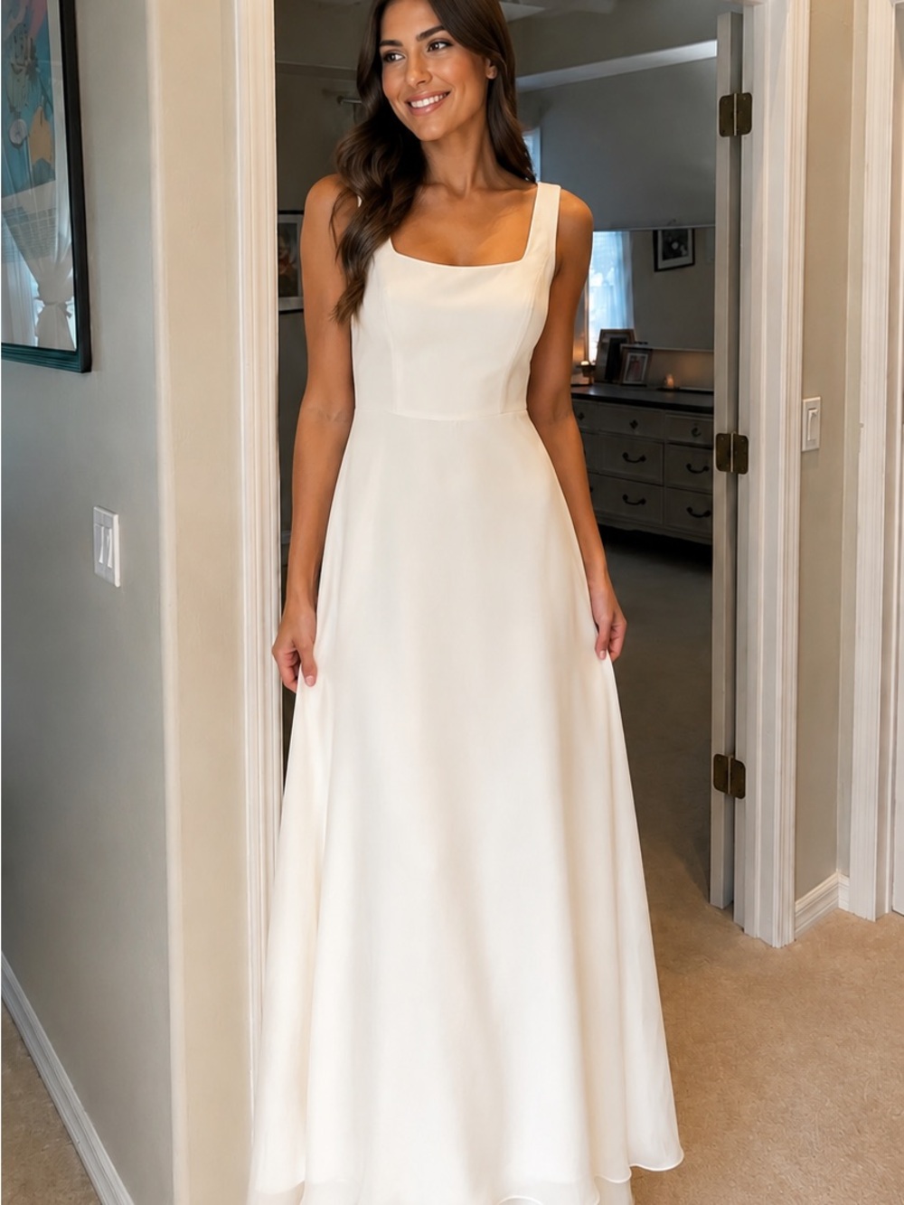 Wedding dress classic A-Line chiffon detailed skirt square neck beautiful back